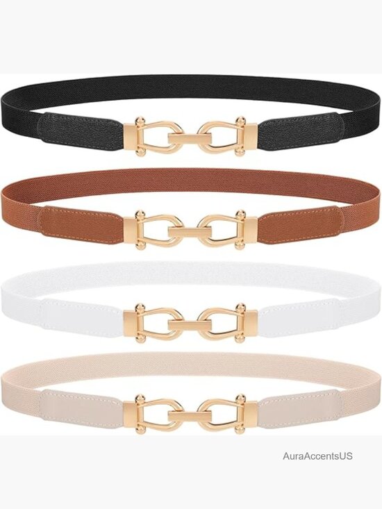4 Pack Skinny Elastic Belts Gold Buckle Stretchy Waist Belts for Dresses main image 7